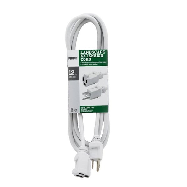 Prime Wire & Cable SJTW Extension Cord, 16 AWG, Outdoor, 16/3, 1 Outlets, White, Nylon/Rubber, 12 ft EC883612 - main